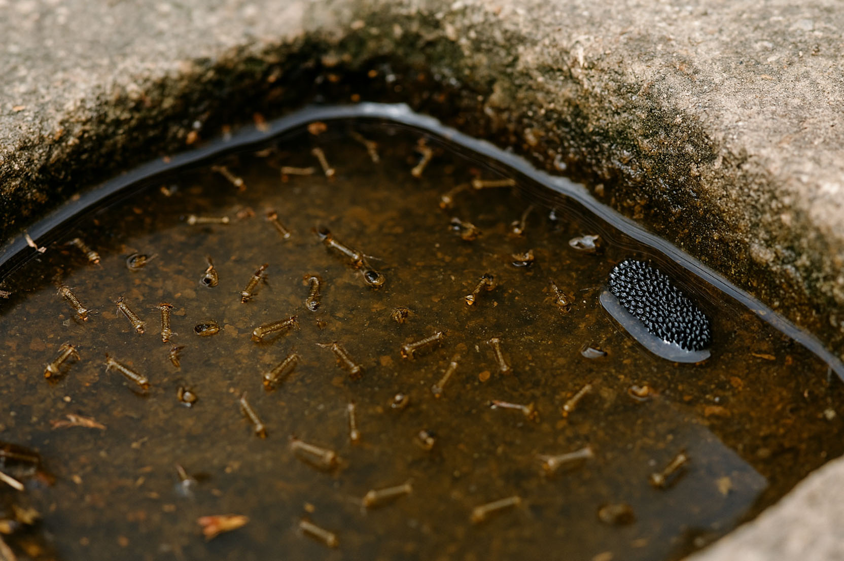 Ansammlung vieler Gelsenlarven in einem stehendem Wasser