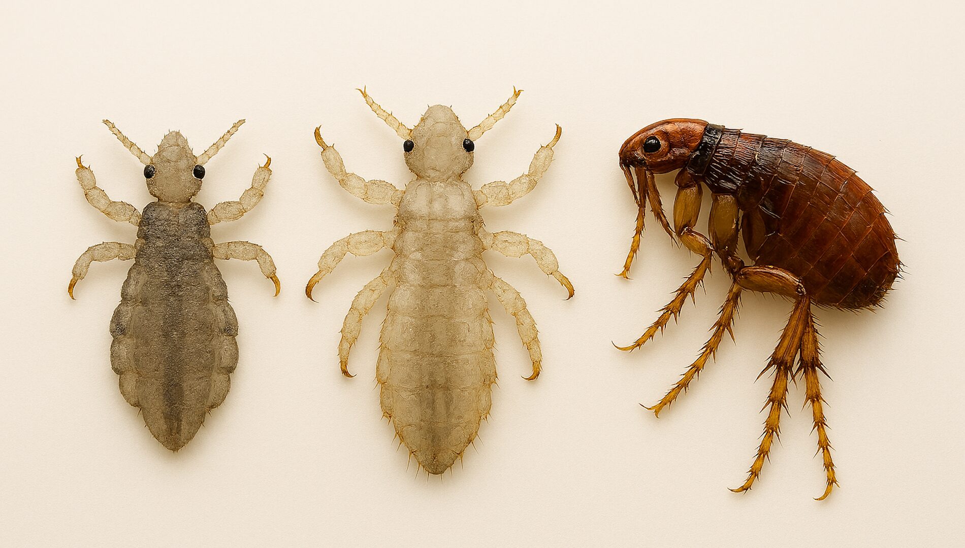 Nahaufnahme einer Kopflaus, Tierlaus und eines Flohs