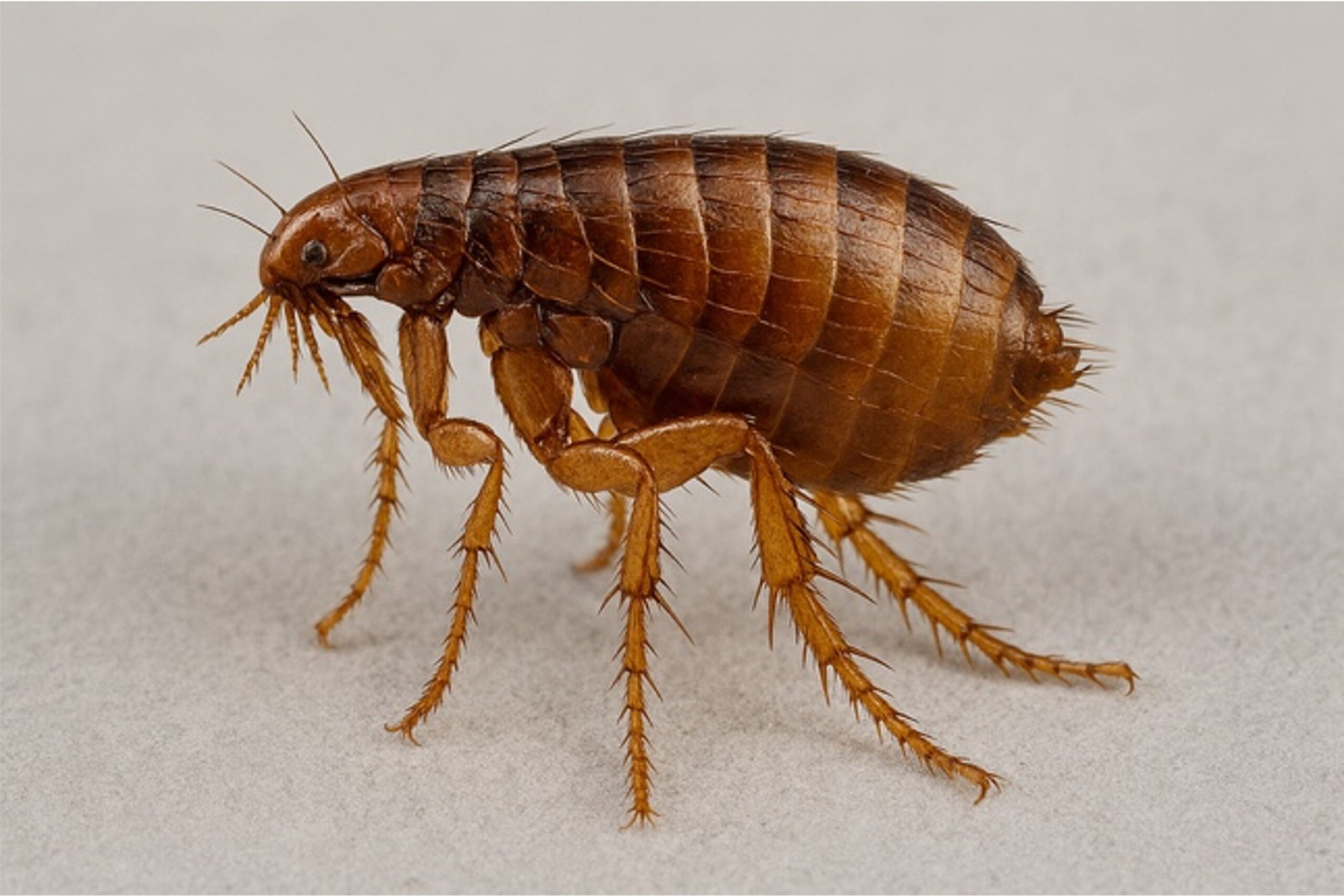 Nahaufnahme eines braunen Flohs im Erwachsenenstadium 