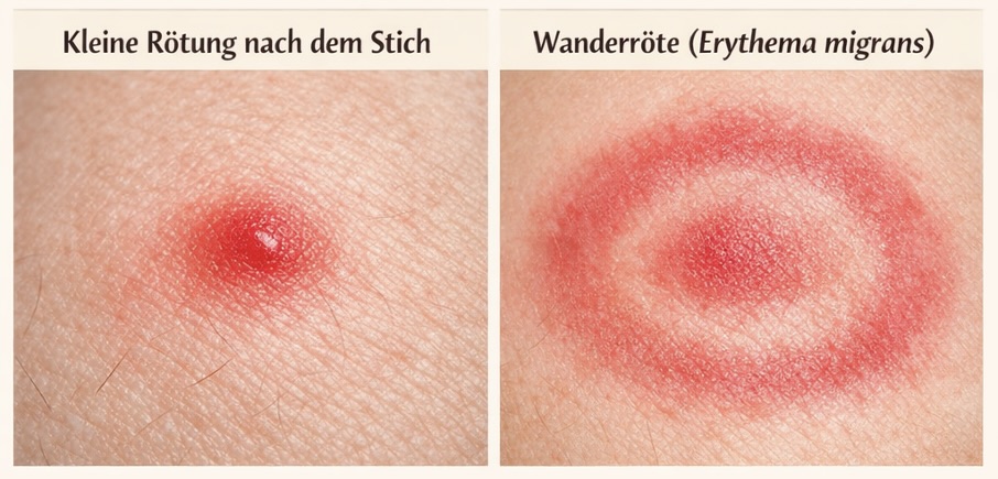 kleine Rötung nach dem Stich ggü. Wanderröte (Erythema migrans)